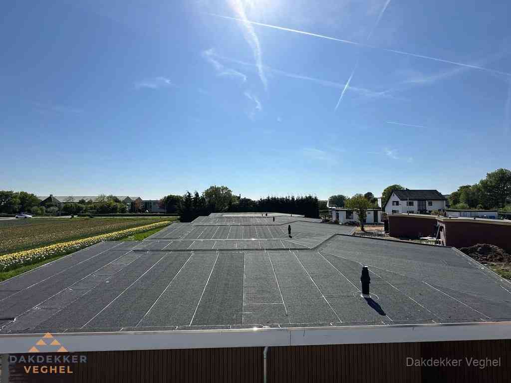 Groot plat dak met bitumen dakbedekking op bedrijfspand in Veghel Groot plat dak met bitumen dakbedekking op bedrijfspand in Veghel