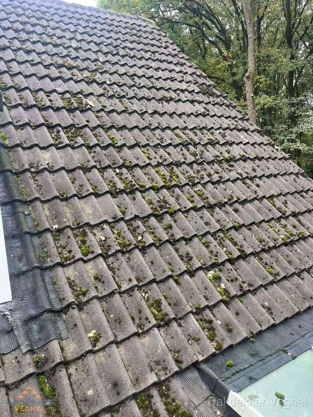 Verweerd pannendak met mosgroei dat renovatie nodig heeft in Veghel Verweerd pannendak met mosgroei dat renovatie nodig heeft in Veghel